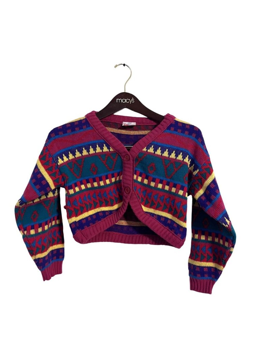 Vintage McKids Girls Knit Cropped Cardigan Sweater With Geometric Multicolor Pat